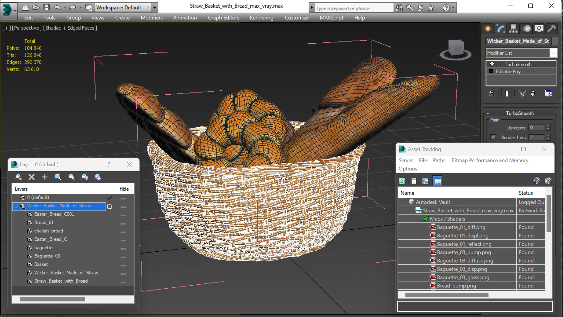 3D Straw Basket with Bread model