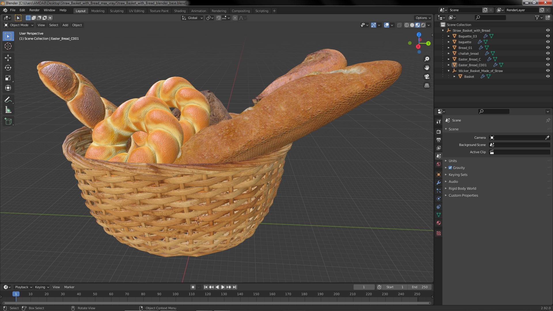 3D Straw Basket with Bread model