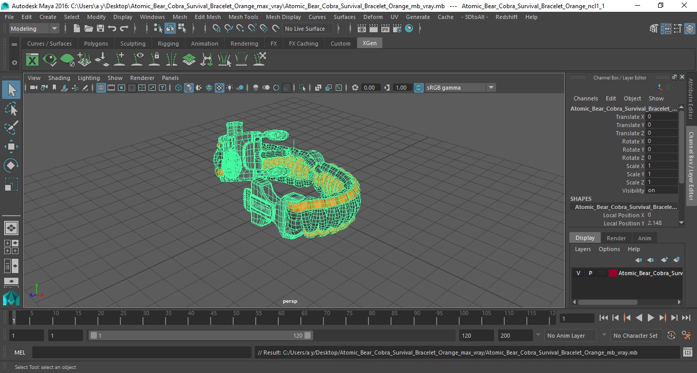 Atomic Bear Cobra Survival Bracelet Orange 3D