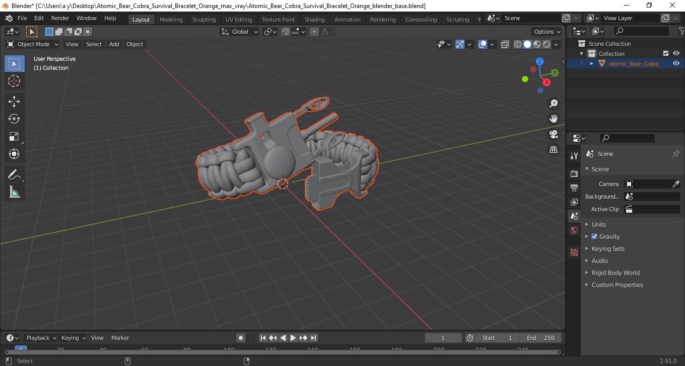 Atomic Bear Cobra Survival Bracelet Orange 3D