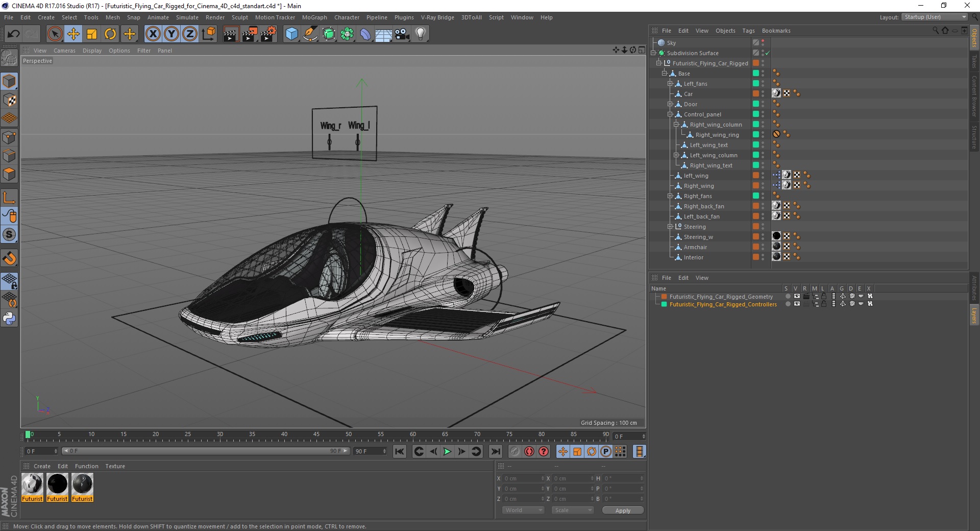 Futuristic Flying Car Rigged for Cinema 4D 3D