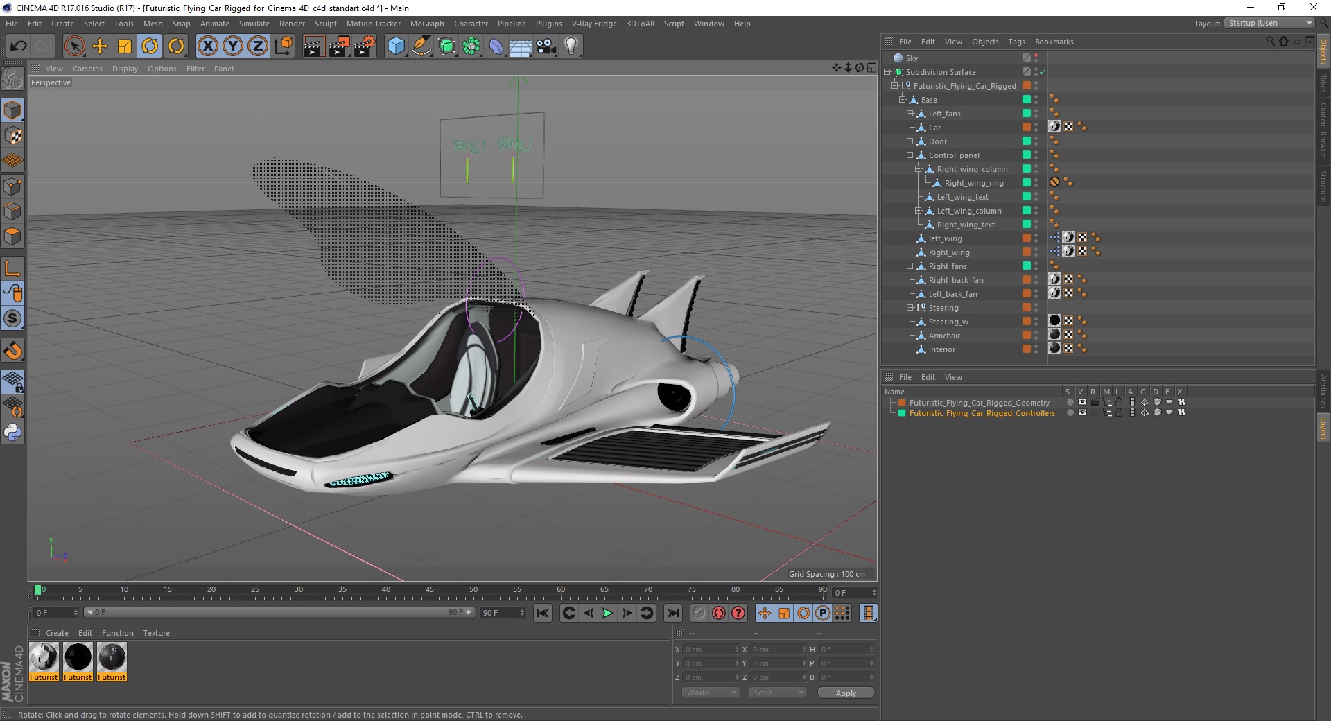 Futuristic Flying Car Rigged for Cinema 4D 3D