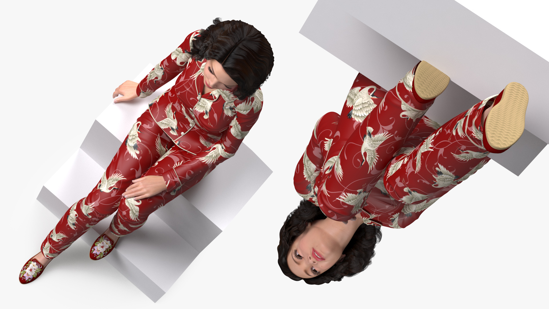 3D model Asian Woman wearing Satin Pijama Sitting Pose