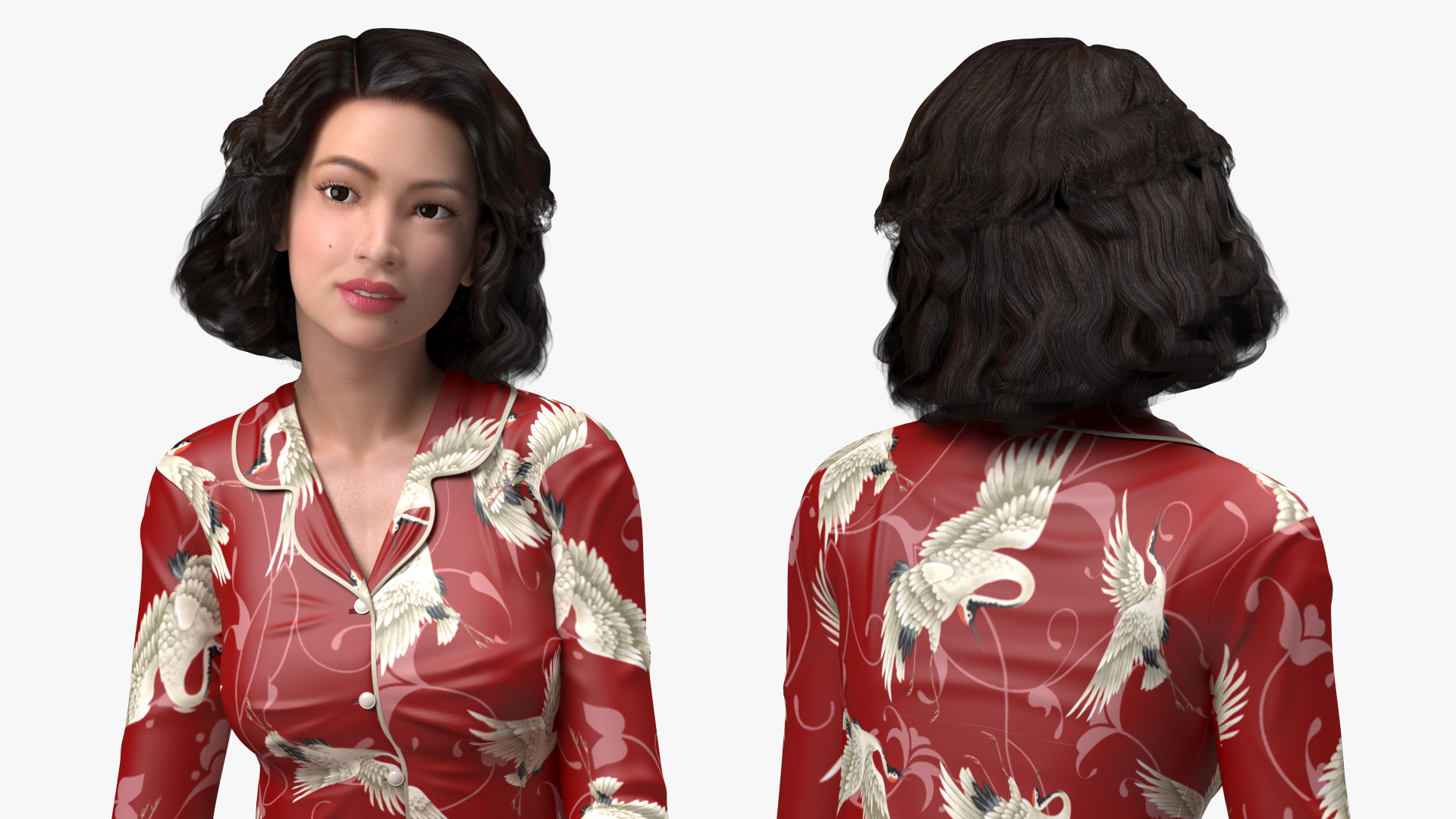 3D model Asian Woman wearing Satin Pijama Sitting Pose