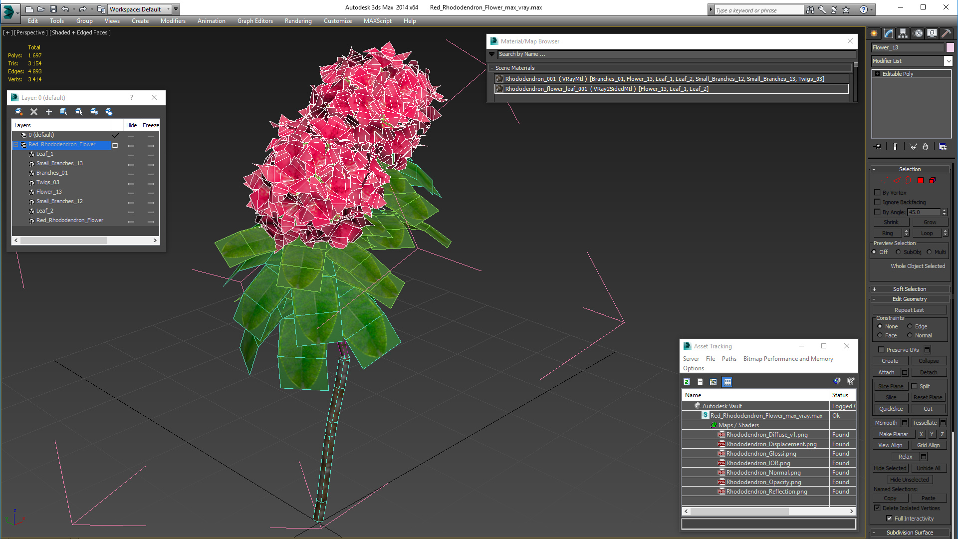 3D Red Rhododendron Flower model