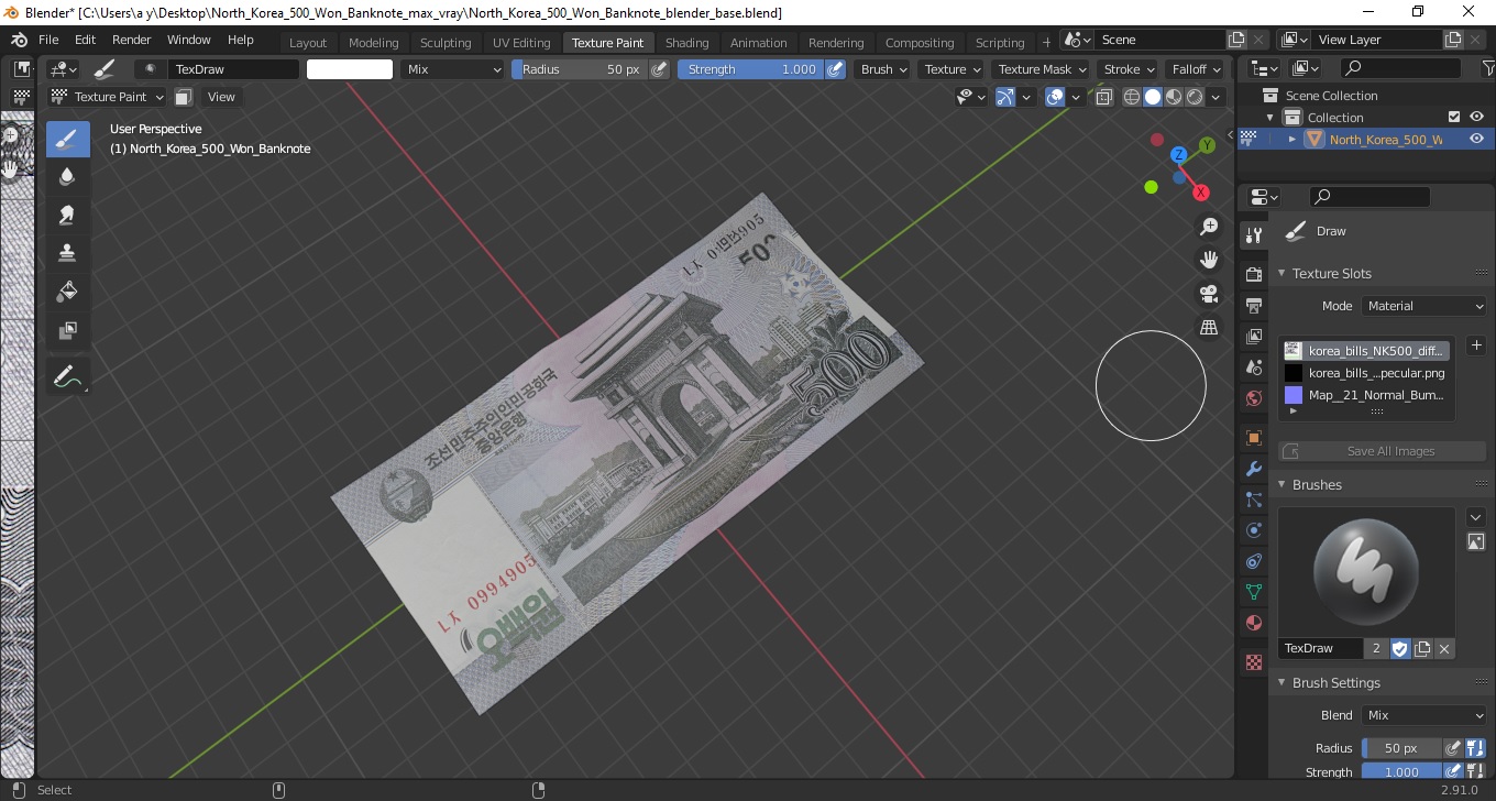 3D North Korea 500 Won Banknote model