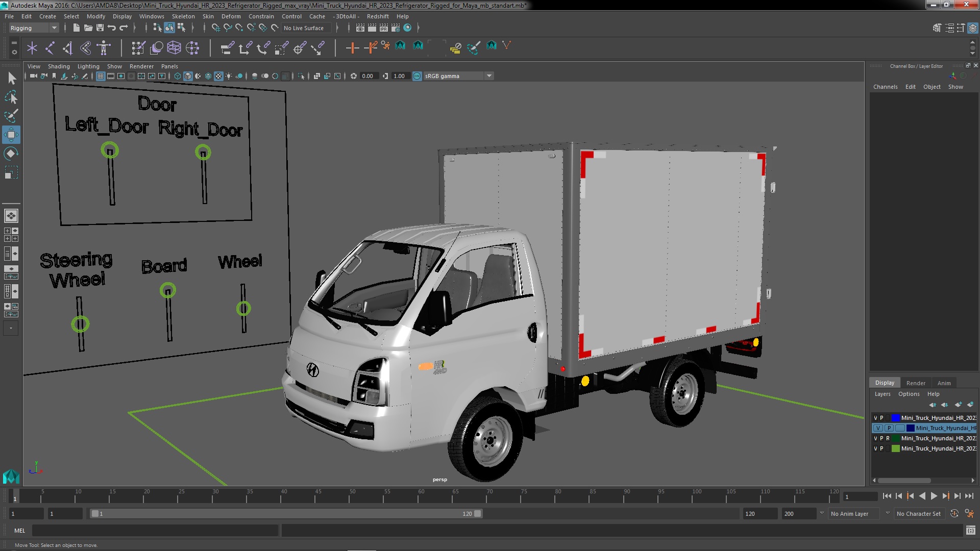 3D model Mini Truck Hyundai HR 2023 Refrigerator Rigged for Maya
