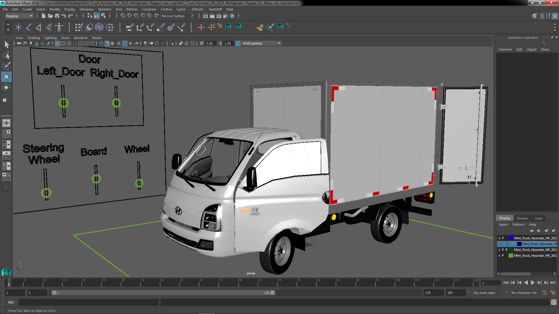 3D model Mini Truck Hyundai HR 2023 Refrigerator Rigged for Maya