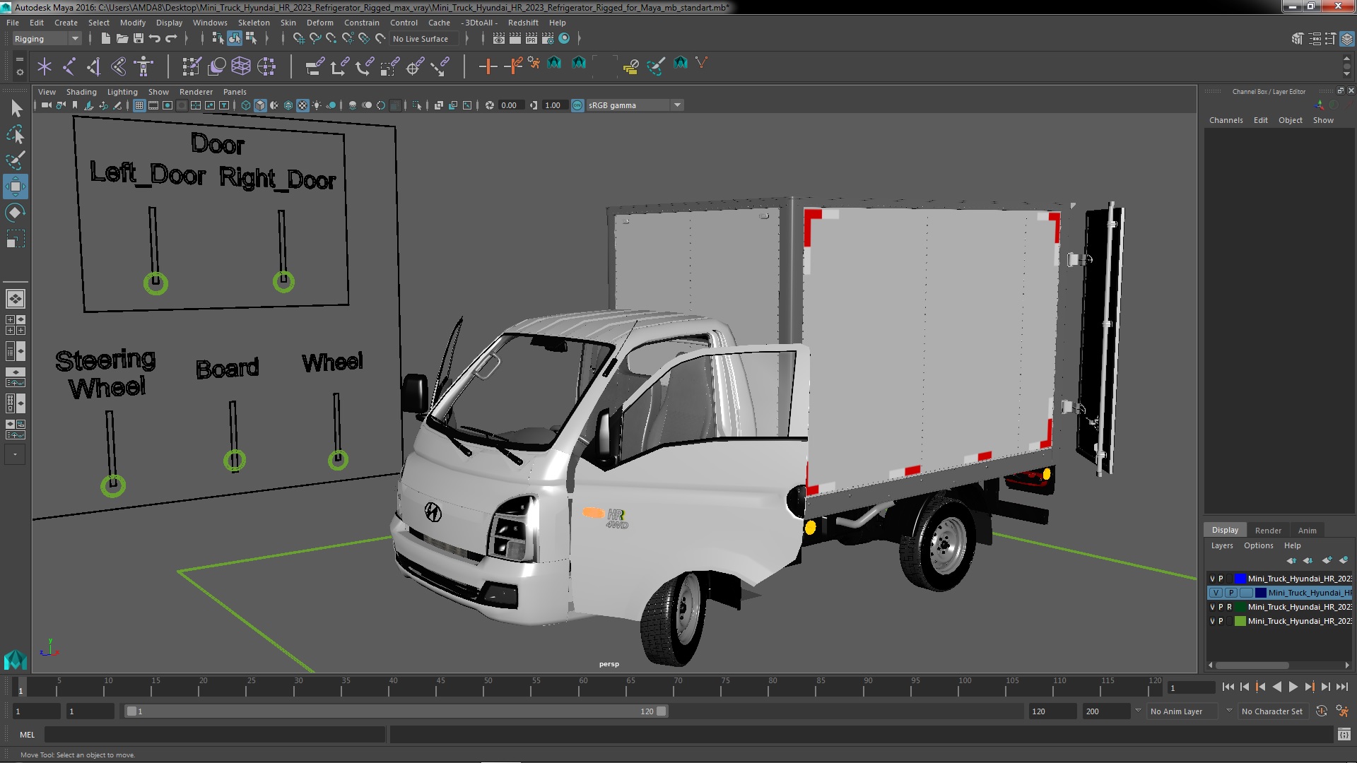 3D model Mini Truck Hyundai HR 2023 Refrigerator Rigged for Maya