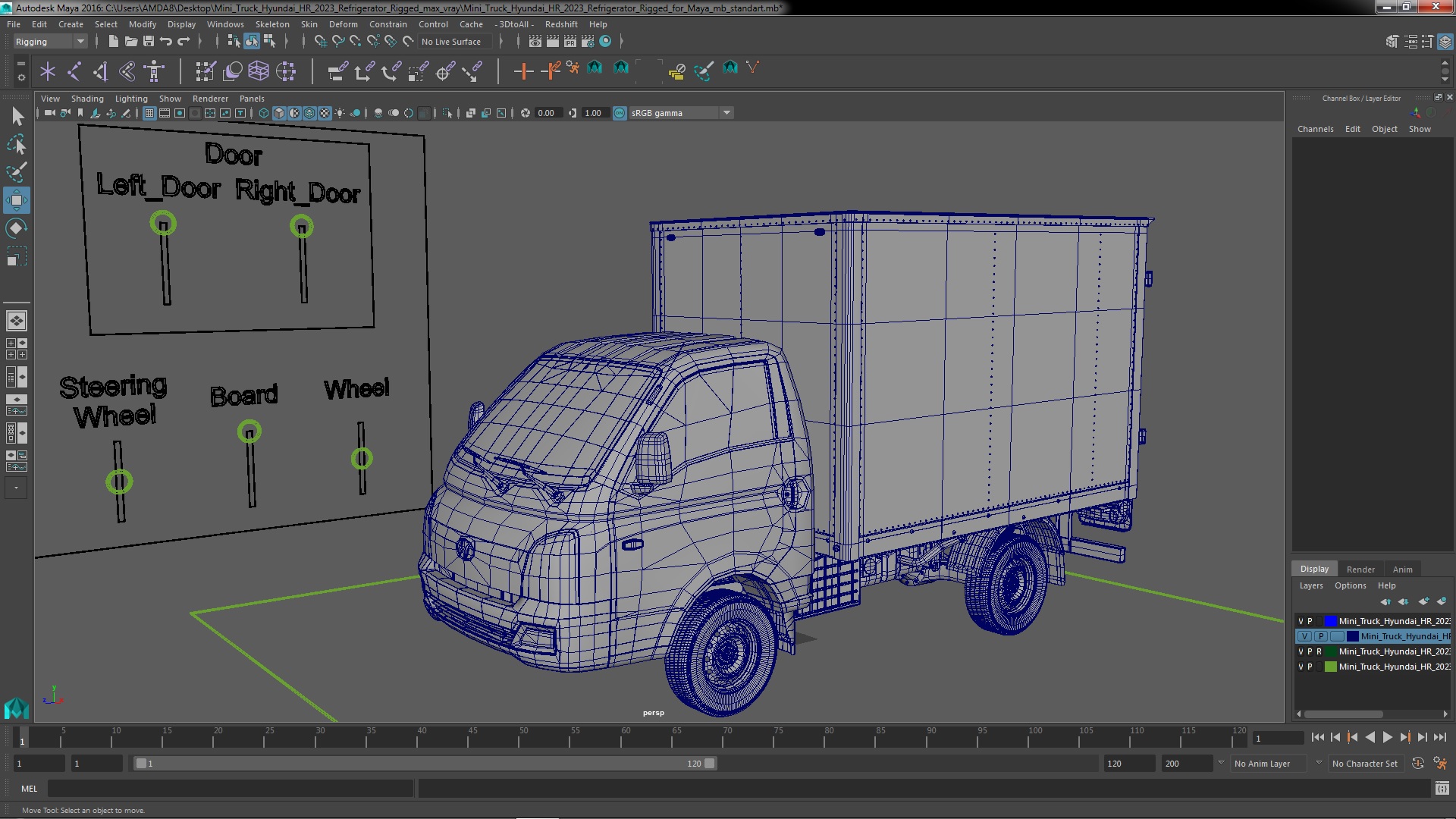 3D model Mini Truck Hyundai HR 2023 Refrigerator Rigged for Maya