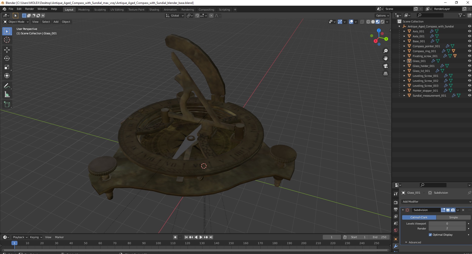 3D Antique Aged Compass with Sundial model