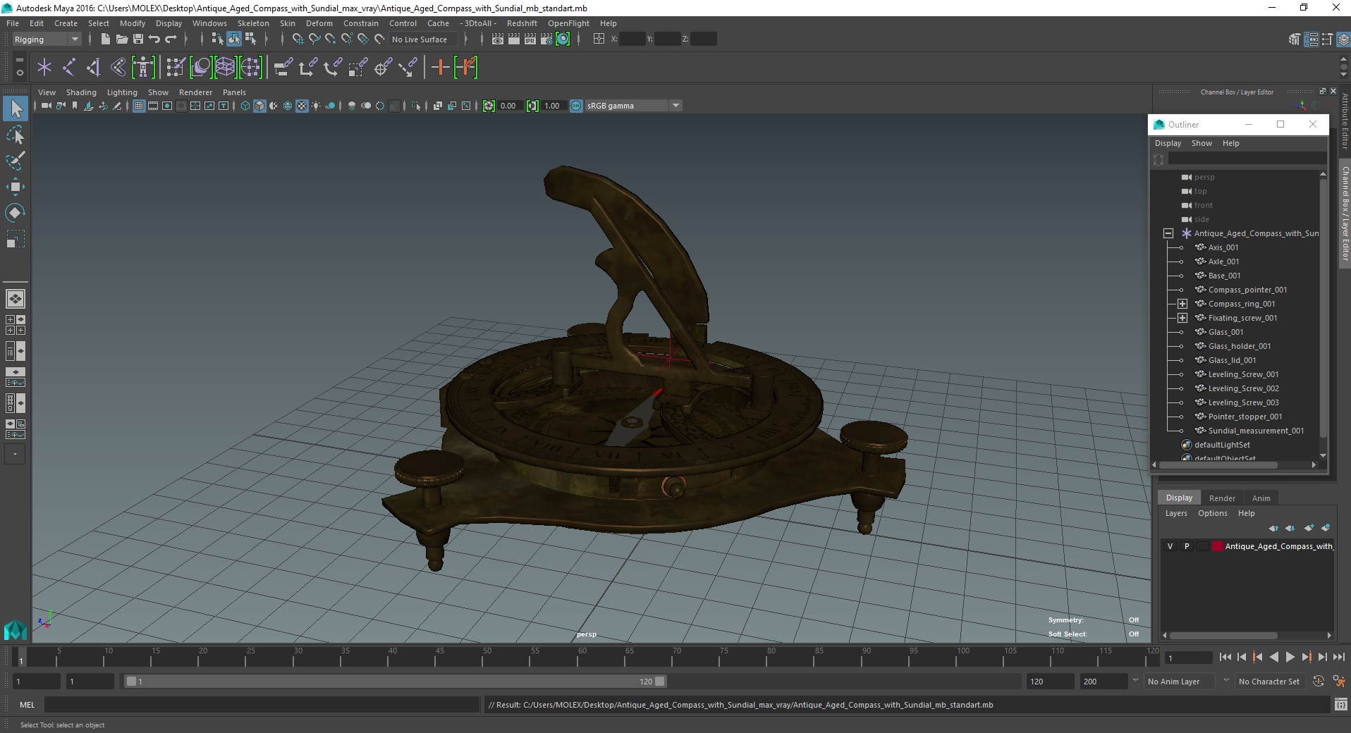 3D Antique Aged Compass with Sundial model