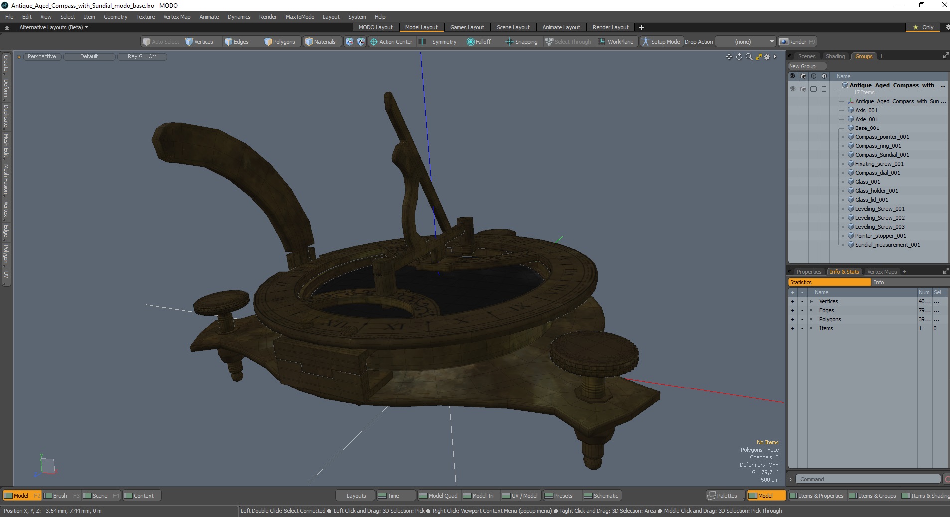 3D Antique Aged Compass with Sundial model