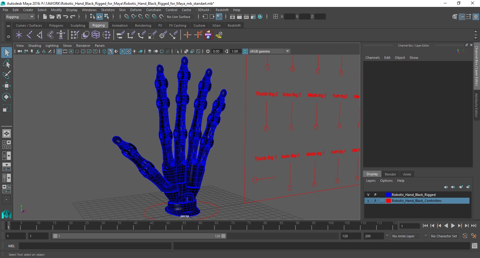 Robotic Hand Black Rigged for Maya 3D model