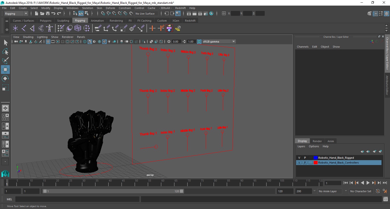 Robotic Hand Black Rigged for Maya 3D model
