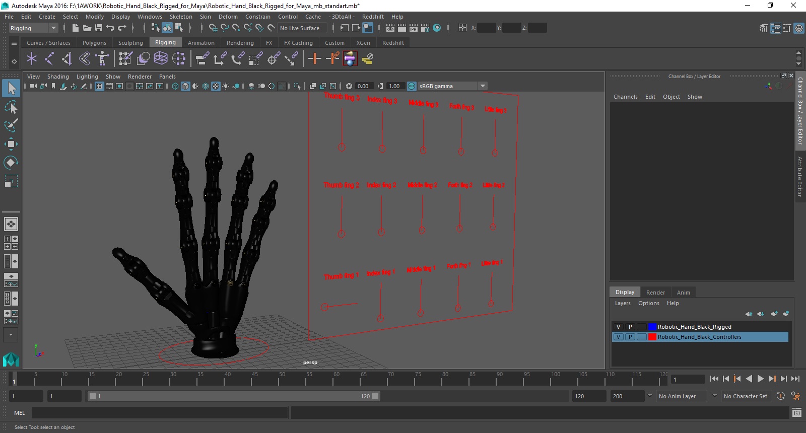 Robotic Hand Black Rigged for Maya 3D model