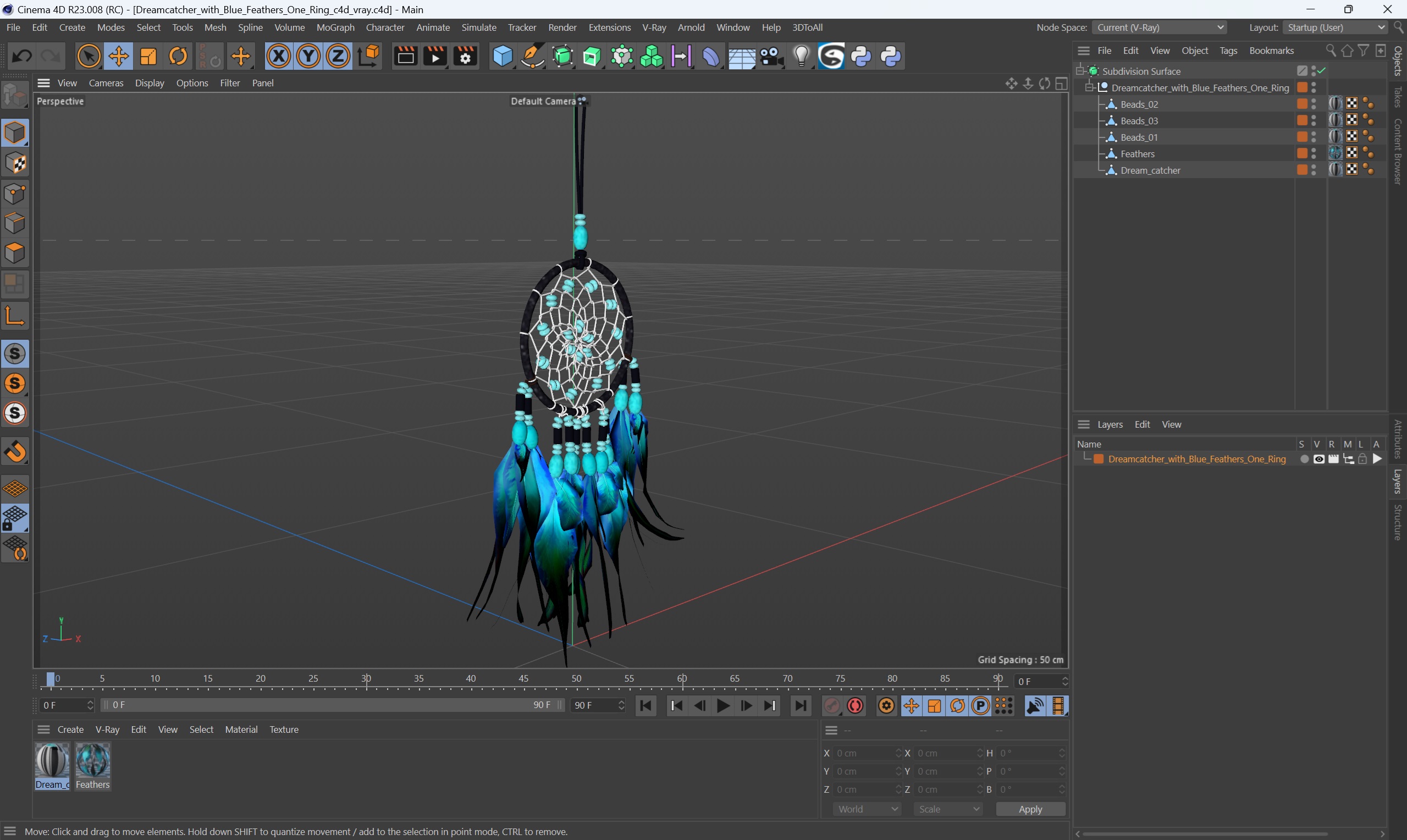 3D model Dreamcatcher with Blue Feathers One Ring