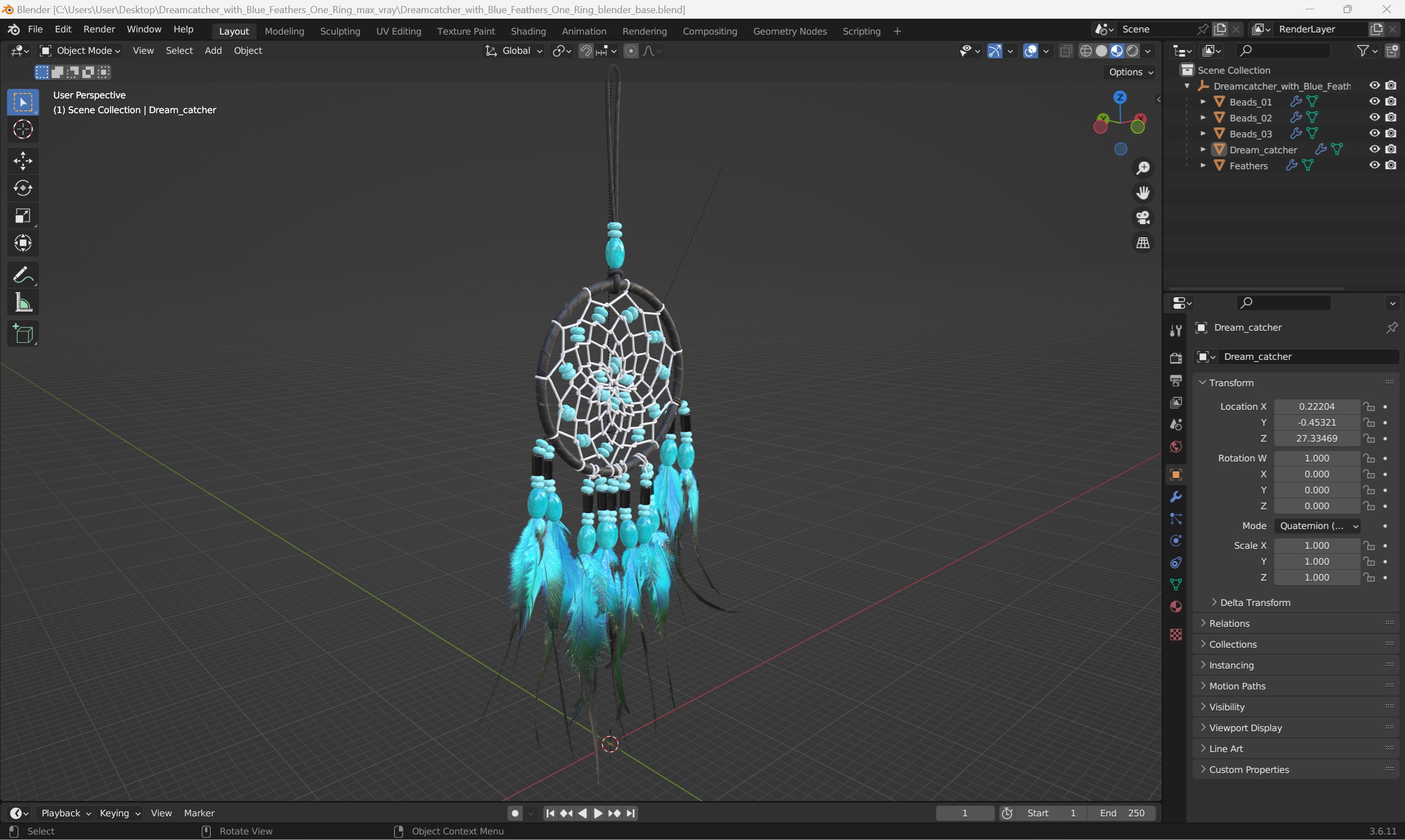 3D model Dreamcatcher with Blue Feathers One Ring
