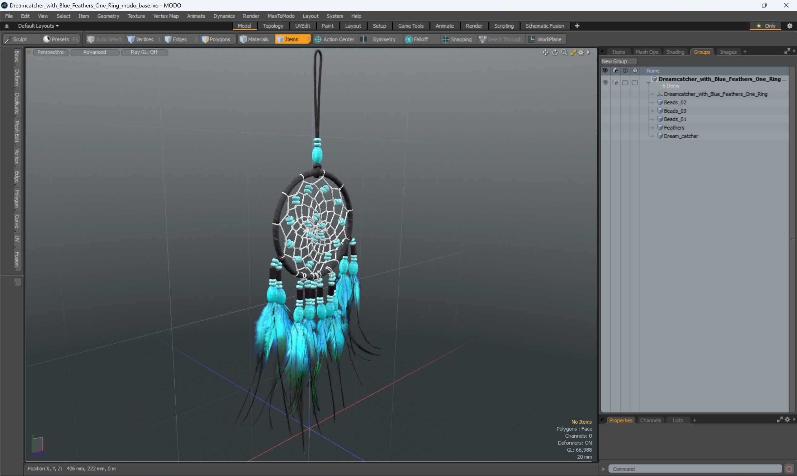 3D model Dreamcatcher with Blue Feathers One Ring