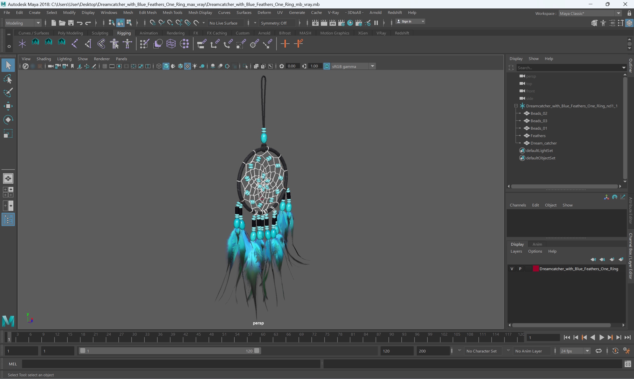 3D model Dreamcatcher with Blue Feathers One Ring