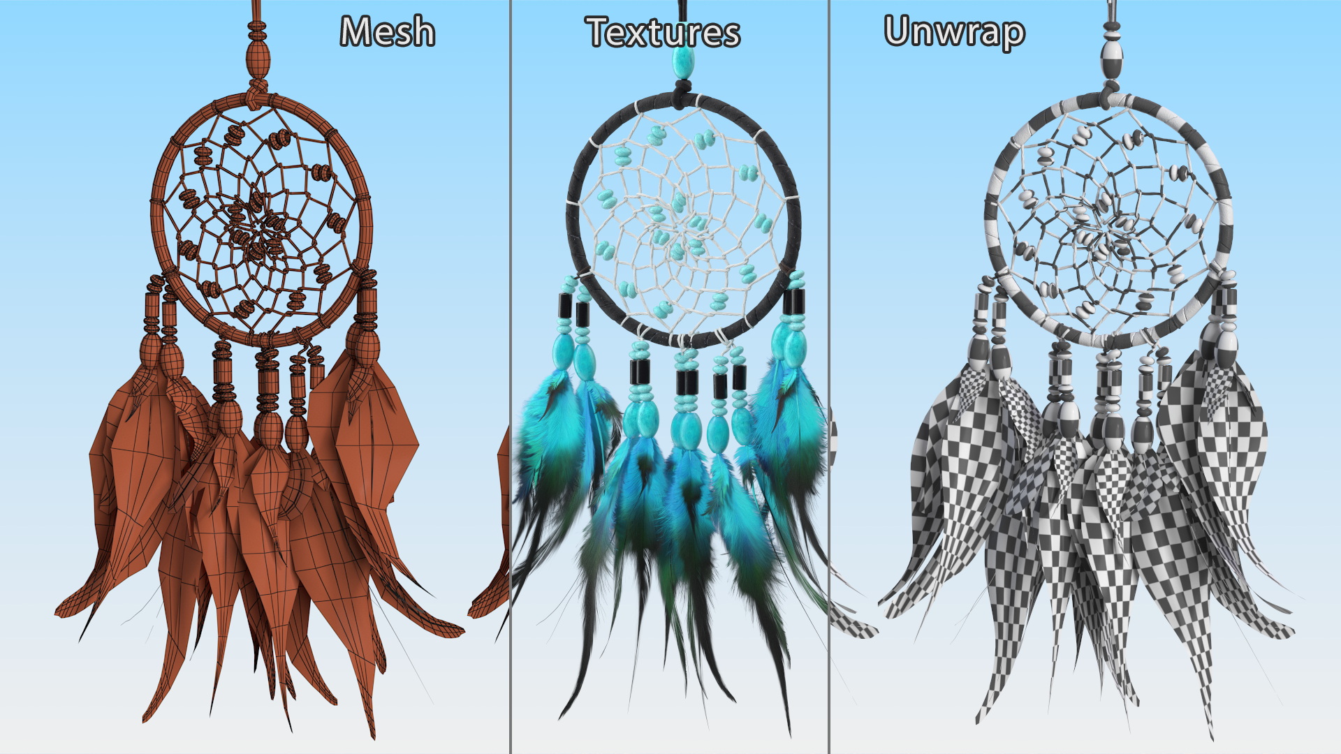 3D model Dreamcatcher with Blue Feathers One Ring