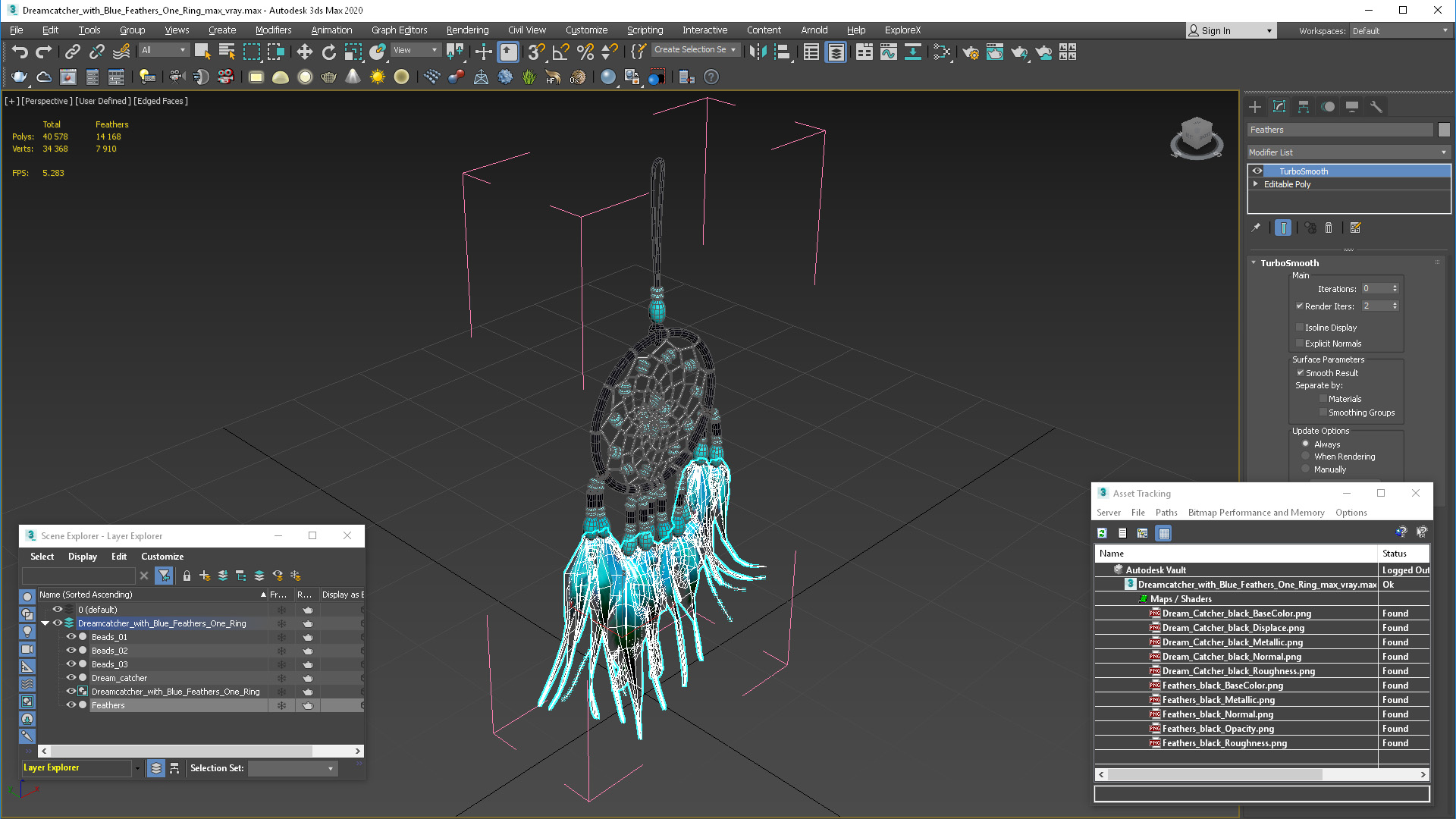 3D model Dreamcatcher with Blue Feathers One Ring