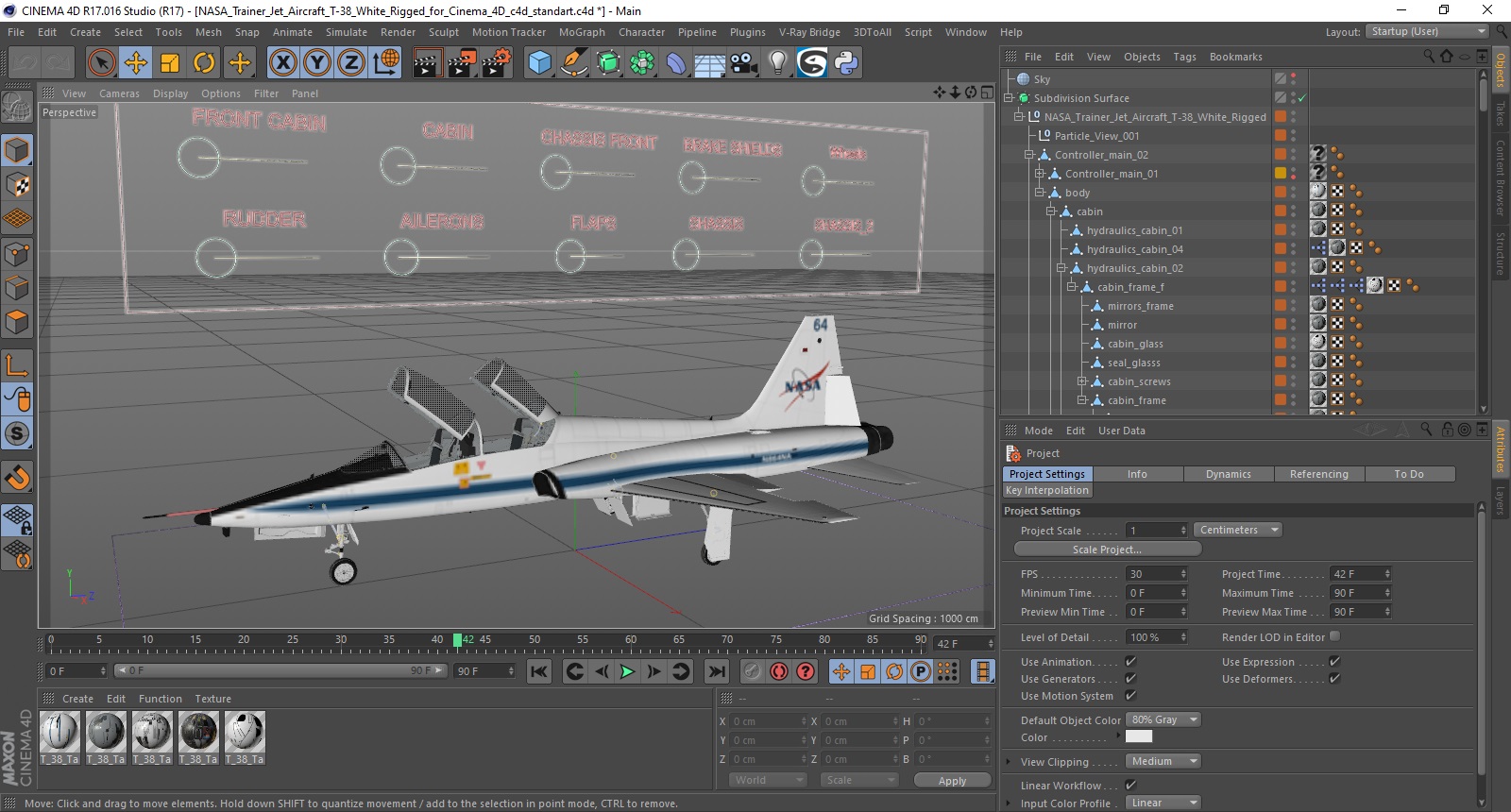 NASA Trainer Jet Aircraft T-38 White Rigged for Cinema 4D 3D