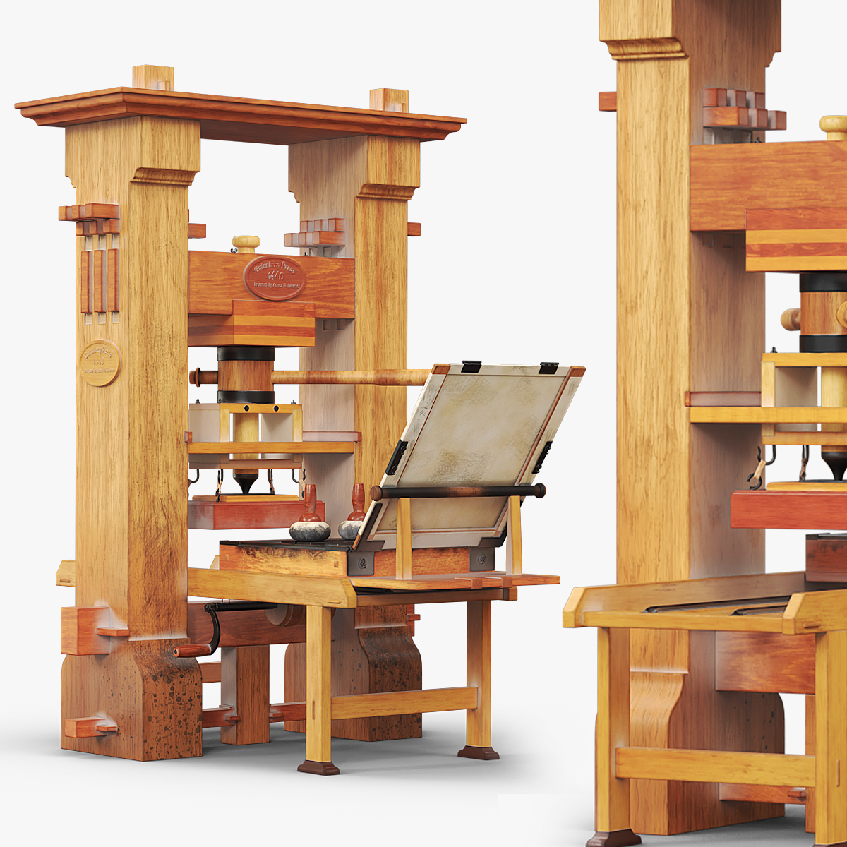 Gutenberg Printing Press with Ink Table Brown Vintage 3D model preview