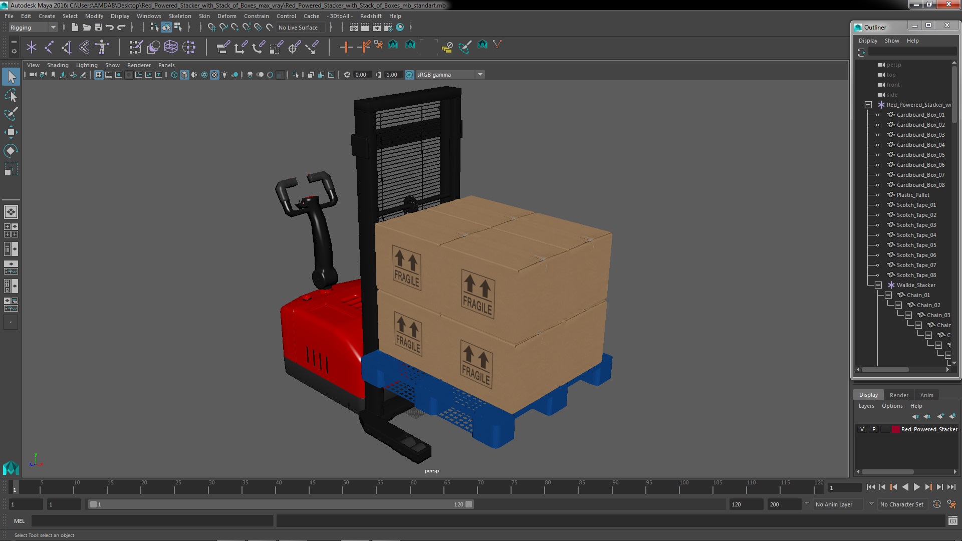 Red Powered Stacker with Stack of Boxes 3D model