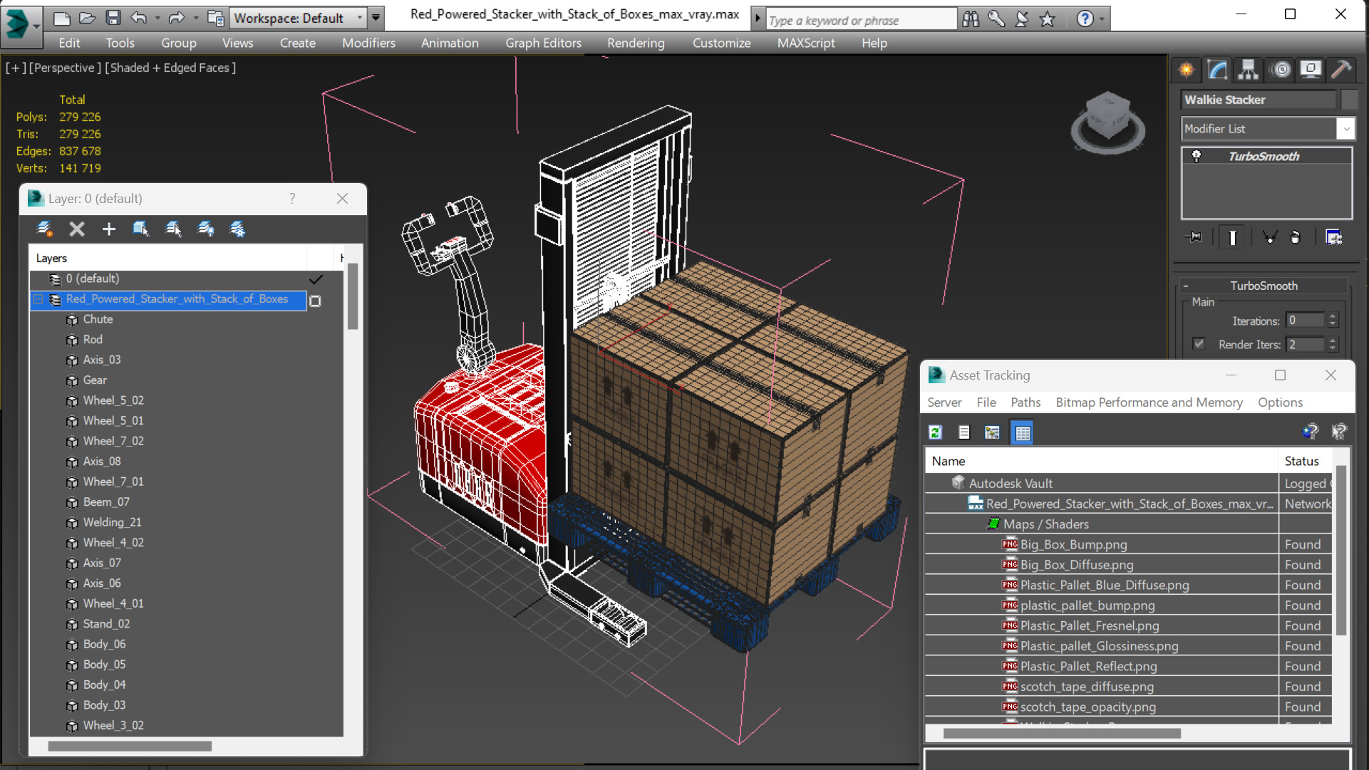 Red Powered Stacker with Stack of Boxes 3D model