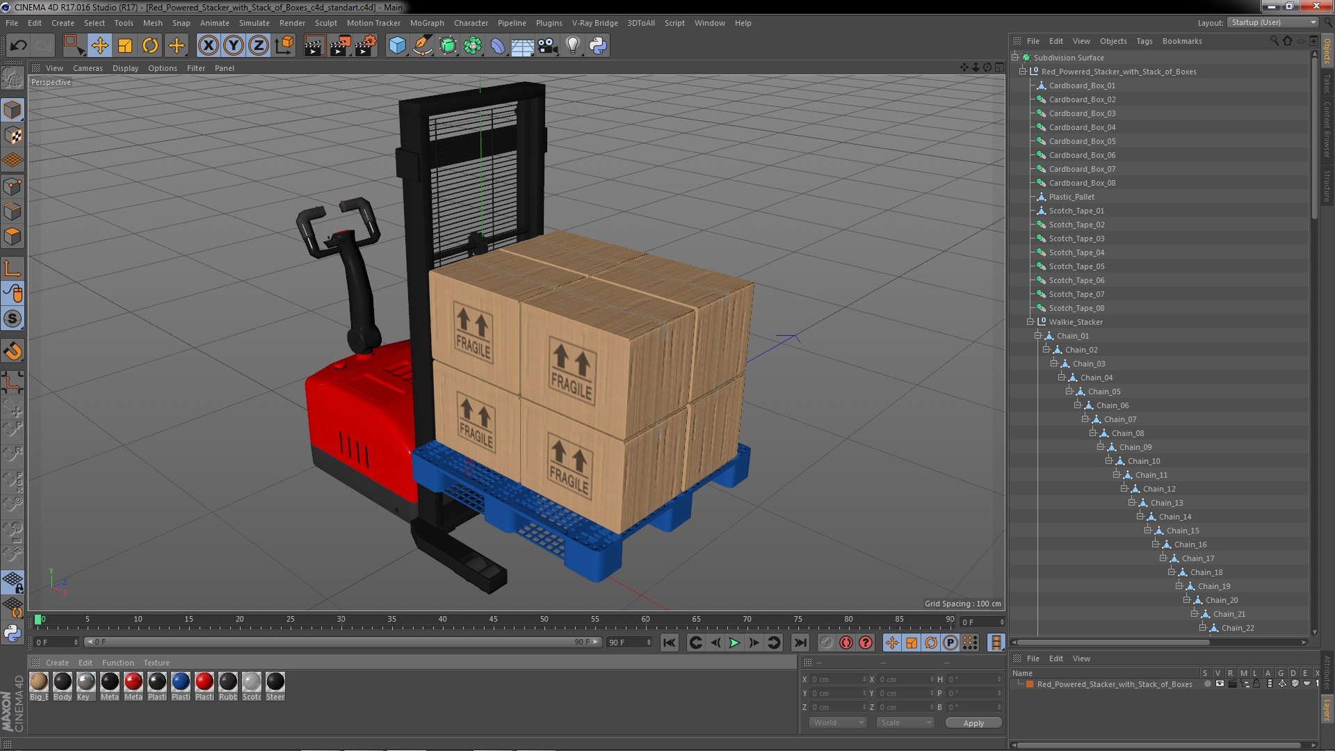 Red Powered Stacker with Stack of Boxes 3D model