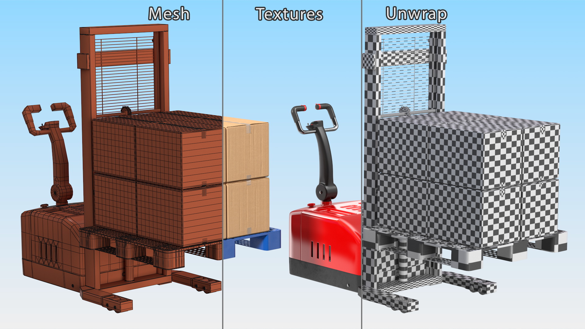 Red Powered Stacker with Stack of Boxes 3D model