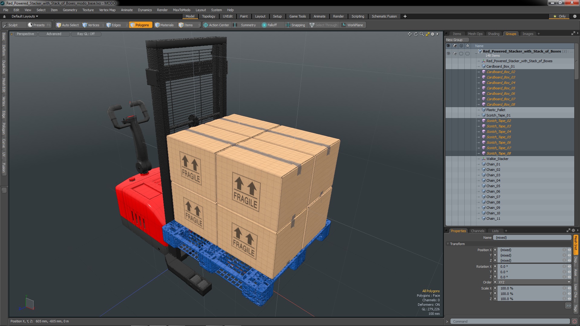 Red Powered Stacker with Stack of Boxes 3D model