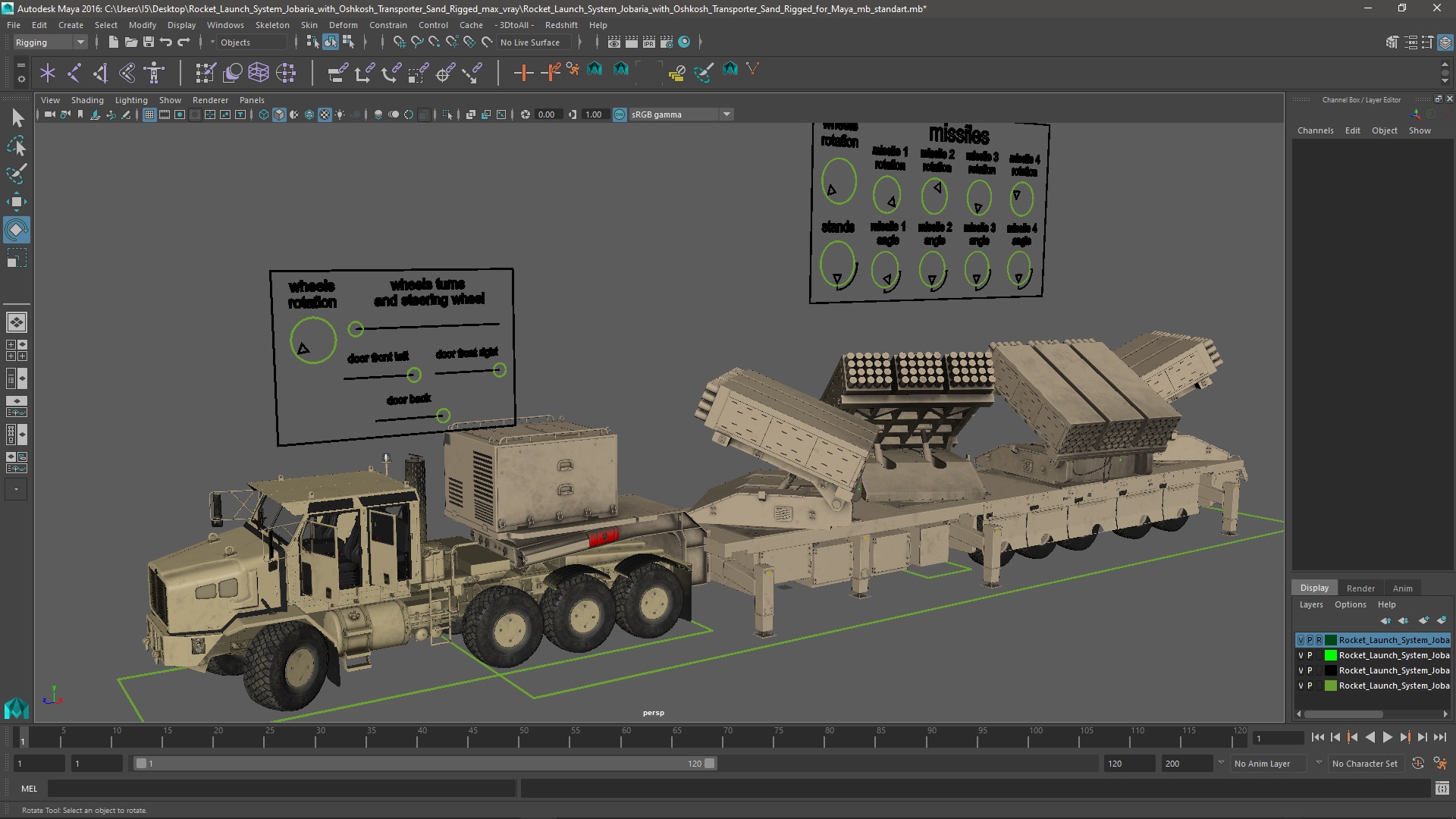 Rocket Launch System Jobaria with Oshkosh Transporter Sand Rigged for Maya 3D model