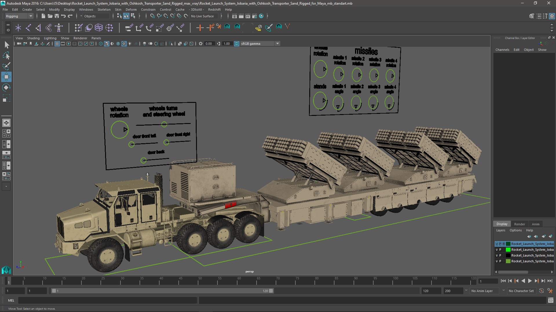 Rocket Launch System Jobaria with Oshkosh Transporter Sand Rigged for Maya 3D model