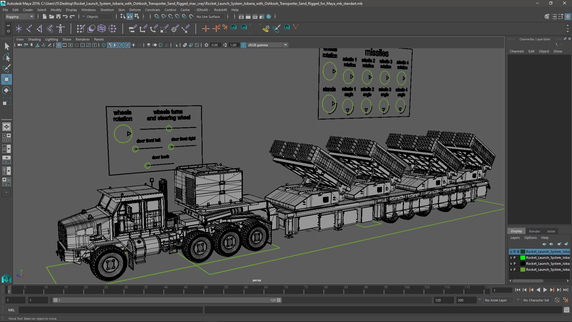 Rocket Launch System Jobaria with Oshkosh Transporter Sand Rigged for Maya 3D model