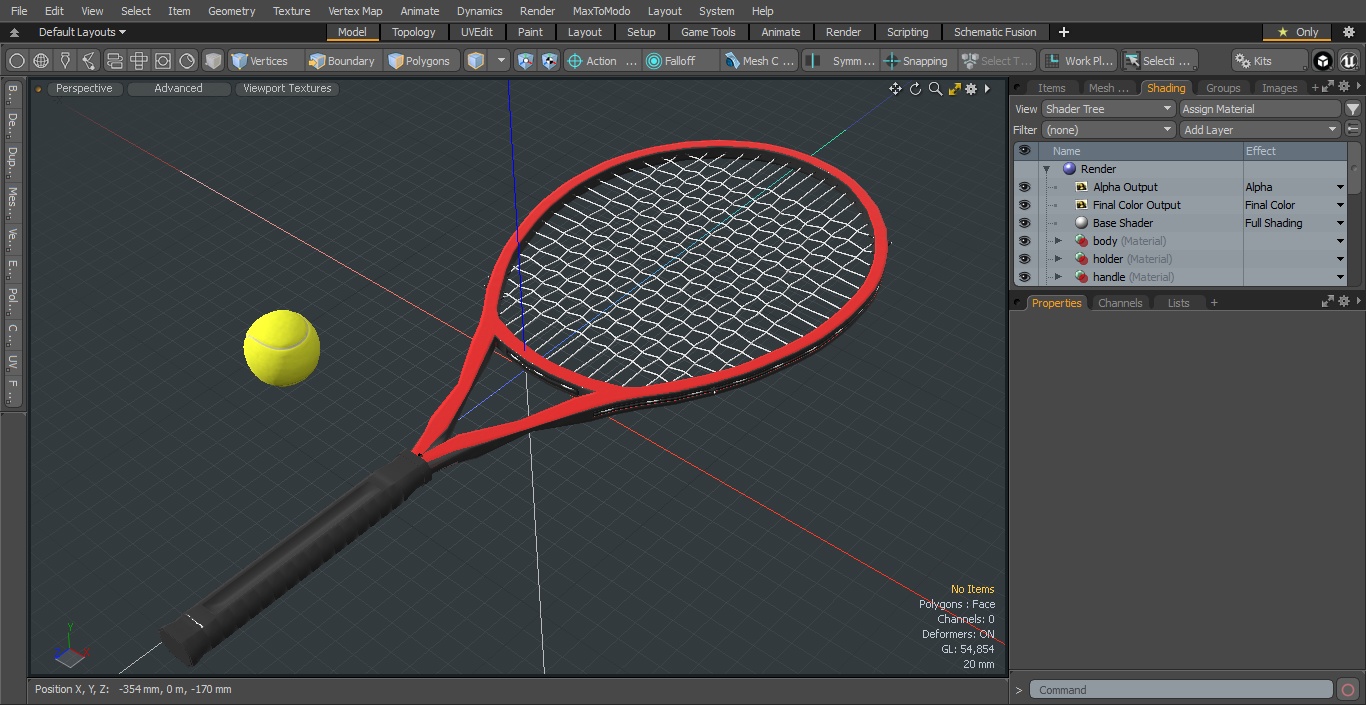 Red Tennis Racket with Tennis Ball 3D model