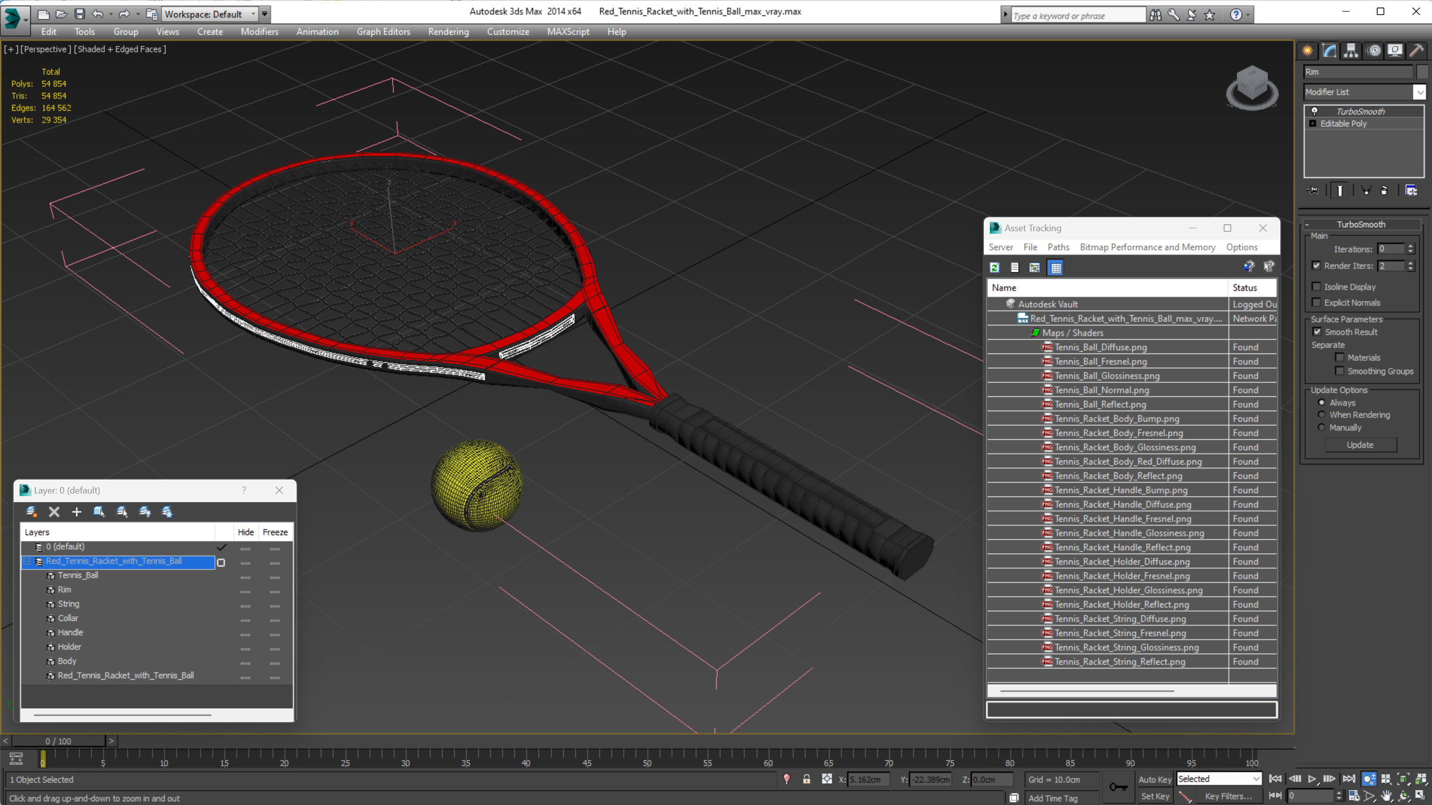 Red Tennis Racket with Tennis Ball 3D model