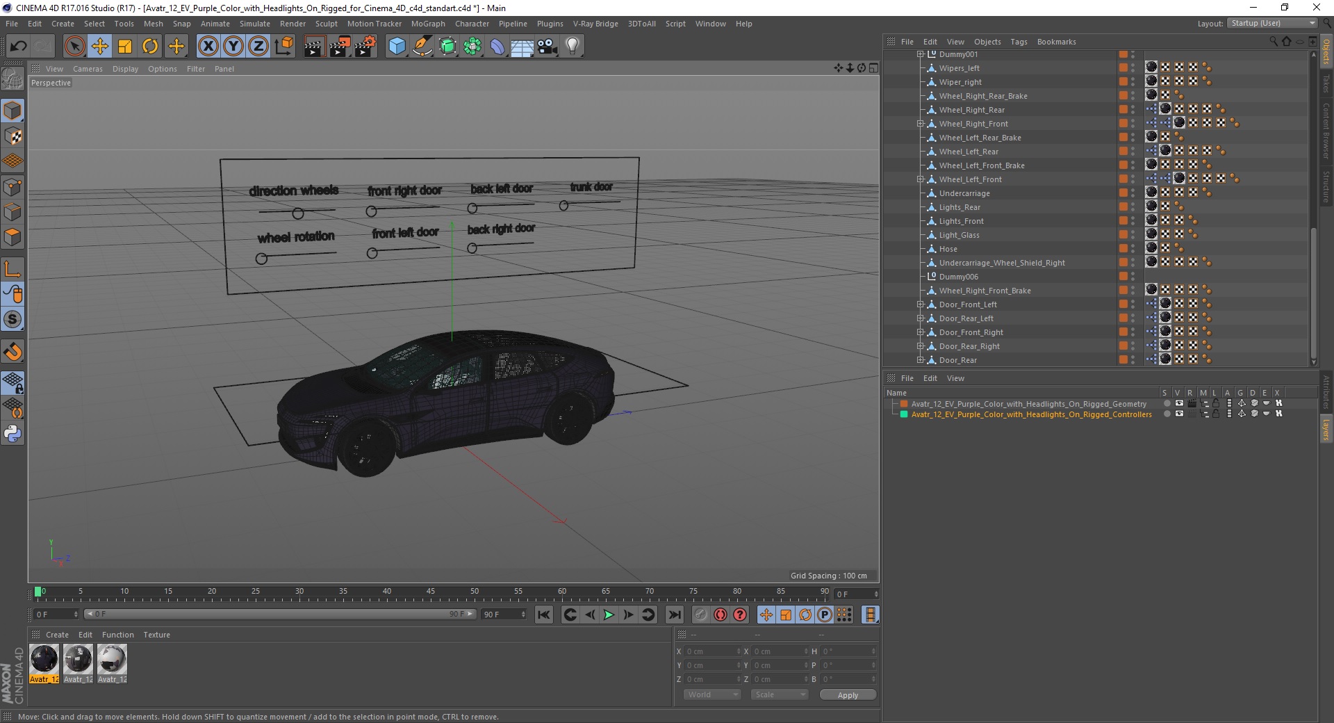 Avatr 12 EV Purple Color with Headlights On Rigged for Cinema 4D 3D model