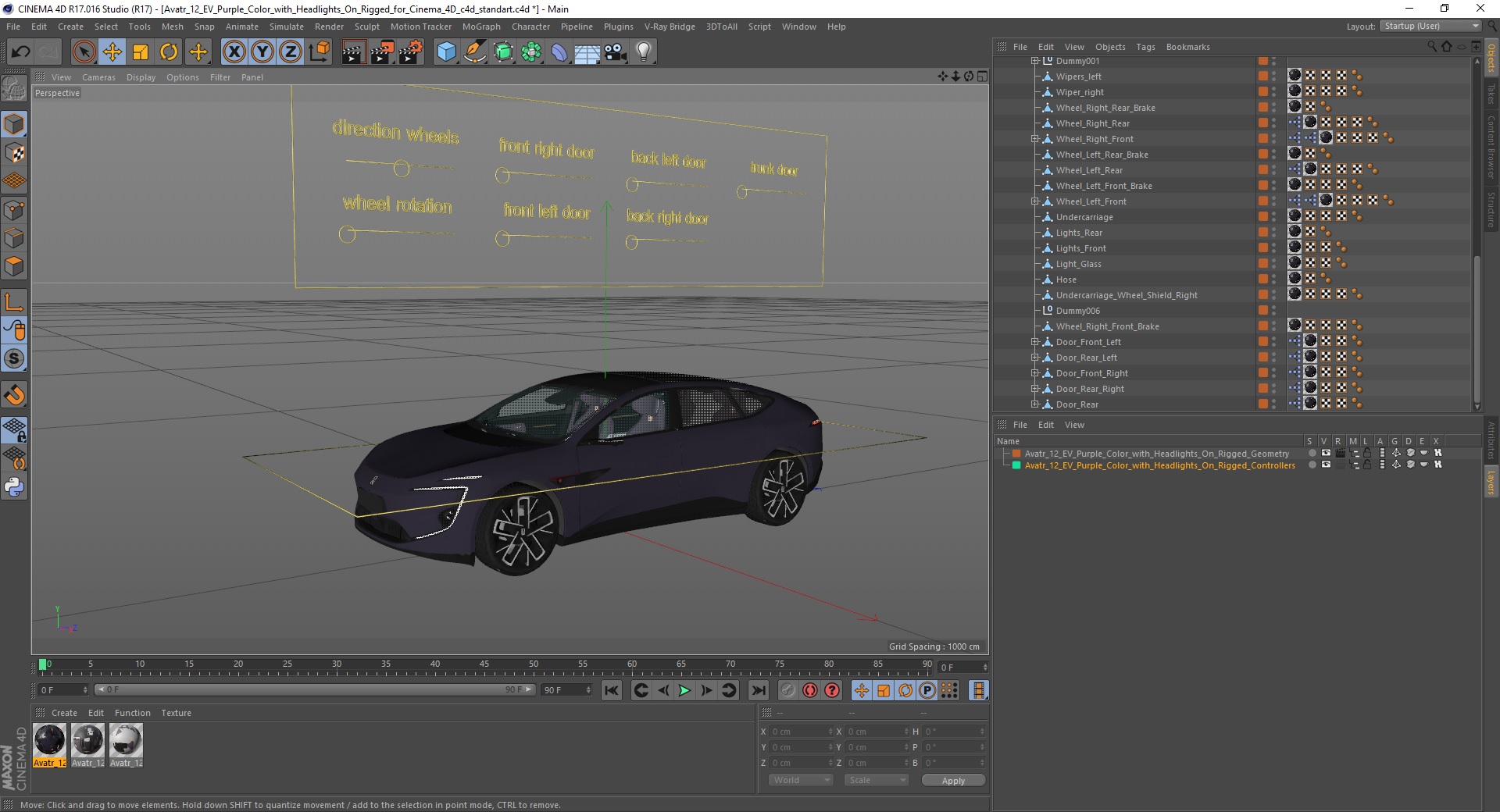 Avatr 12 EV Purple Color with Headlights On Rigged for Cinema 4D 3D model