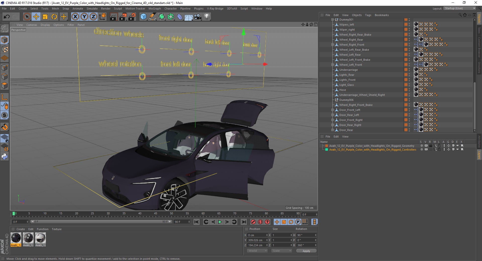 Avatr 12 EV Purple Color with Headlights On Rigged for Cinema 4D 3D model
