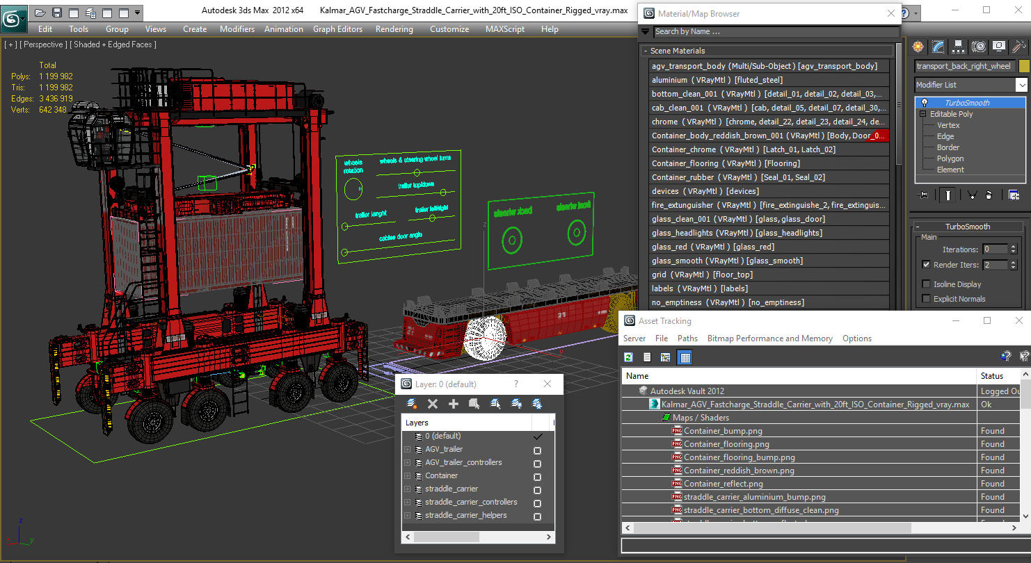 Kalmar AGV Fastcharge Straddle Carrier with 20ft ISO Container Rigged 3D model