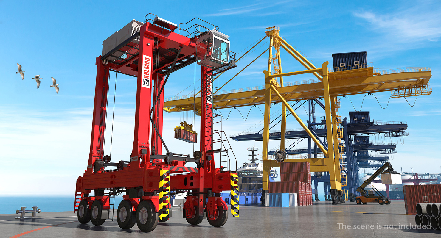 Kalmar AGV Fastcharge Straddle Carrier with 20ft ISO Container Rigged 3D model