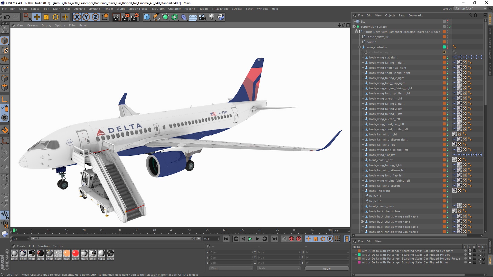 3D Airbus Delta with Passenger Boarding Stairs Car Rigged for Cinema 4D model