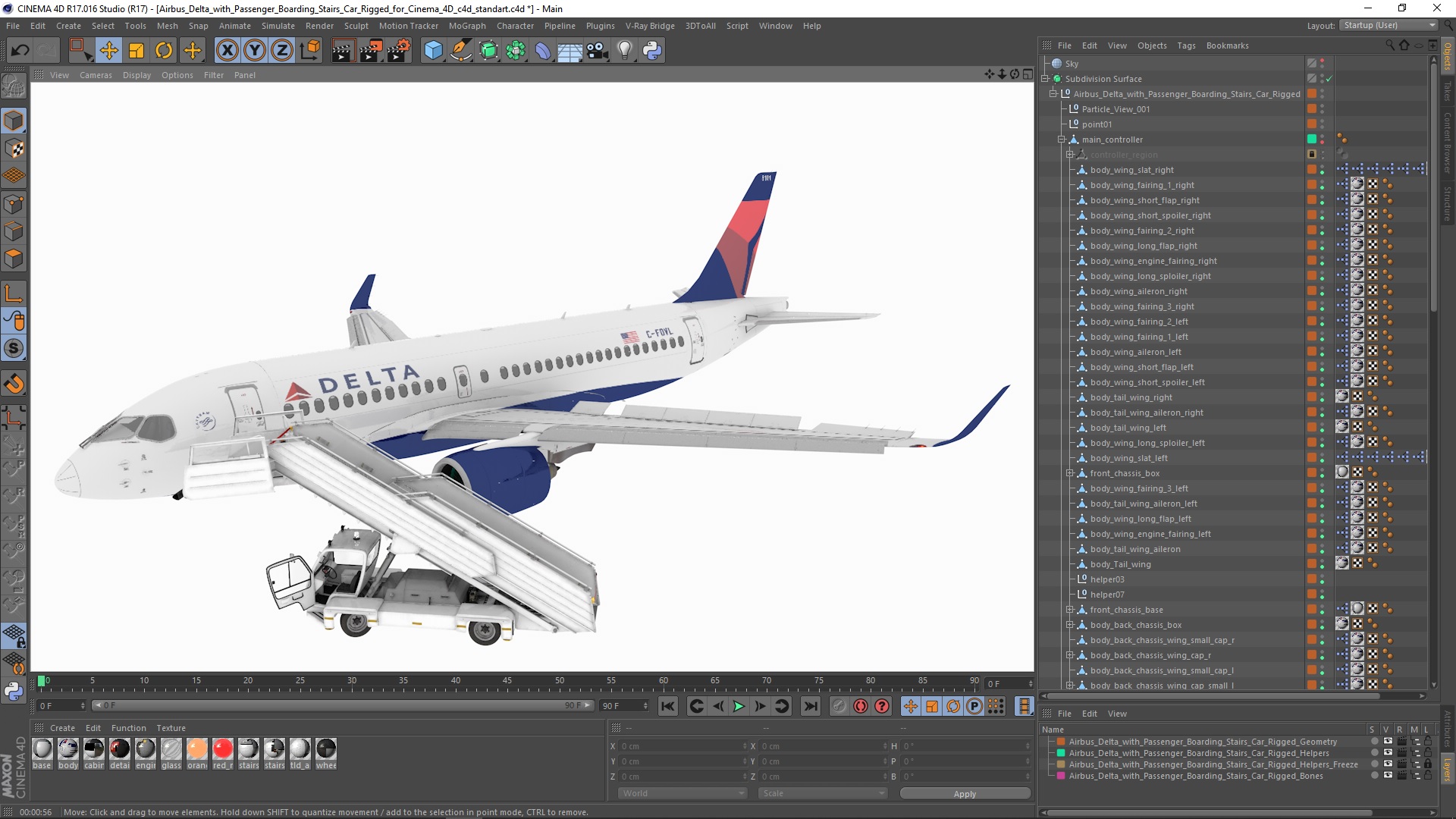 3D Airbus Delta with Passenger Boarding Stairs Car Rigged for Cinema 4D model