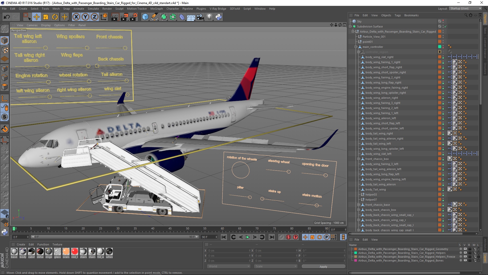 3D Airbus Delta with Passenger Boarding Stairs Car Rigged for Cinema 4D model
