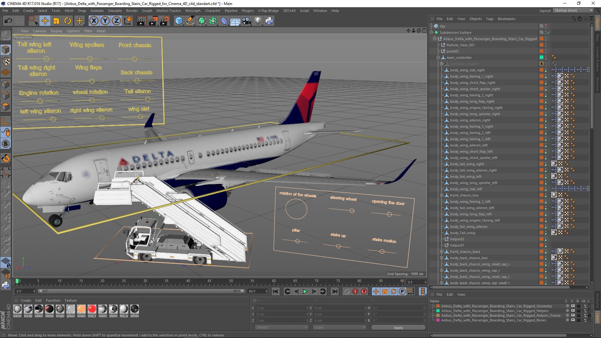 3D Airbus Delta with Passenger Boarding Stairs Car Rigged for Cinema 4D model