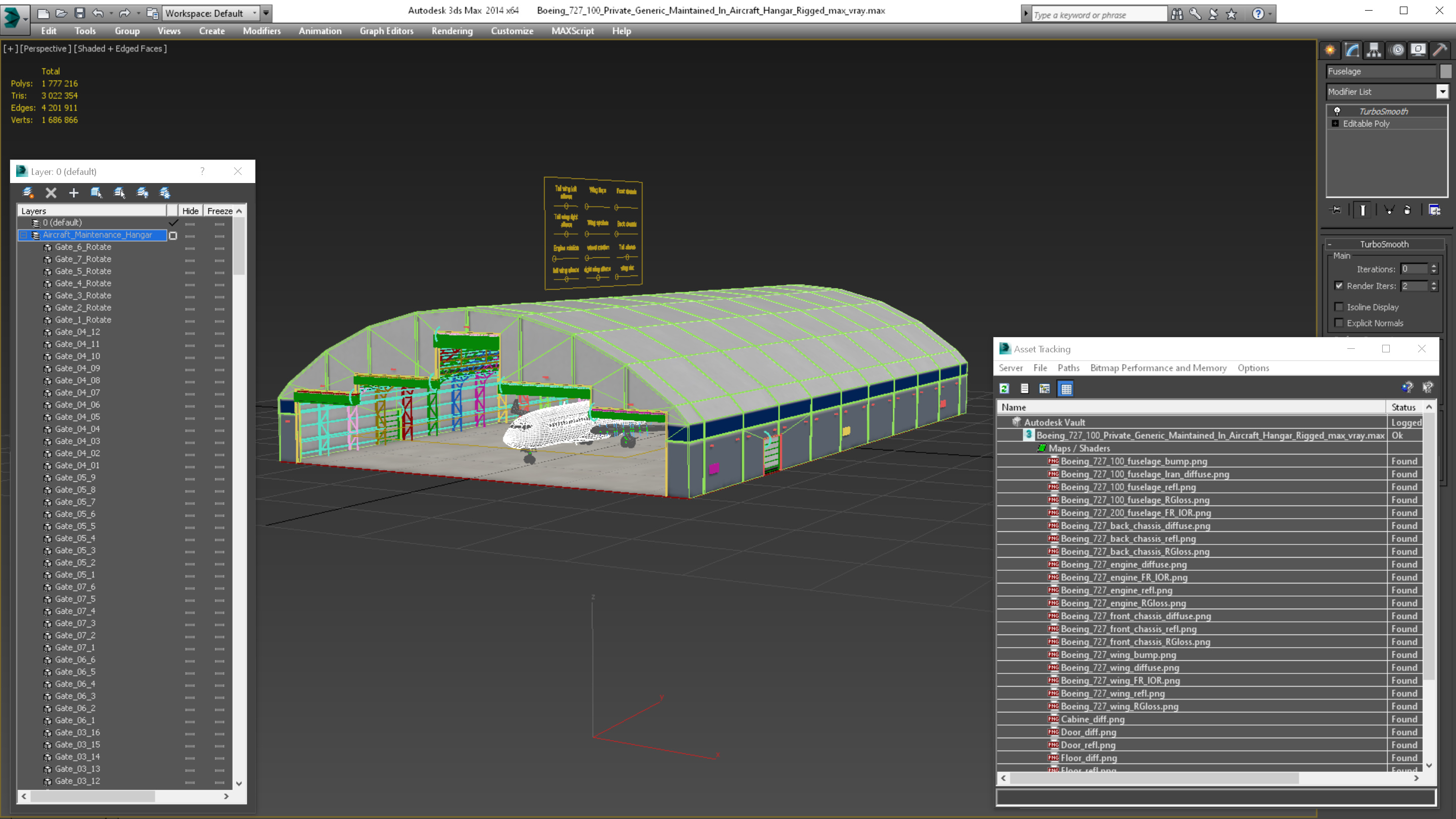Boeing 727 100 Private Generic Maintained In Aircraft Hangar Rigged 3D