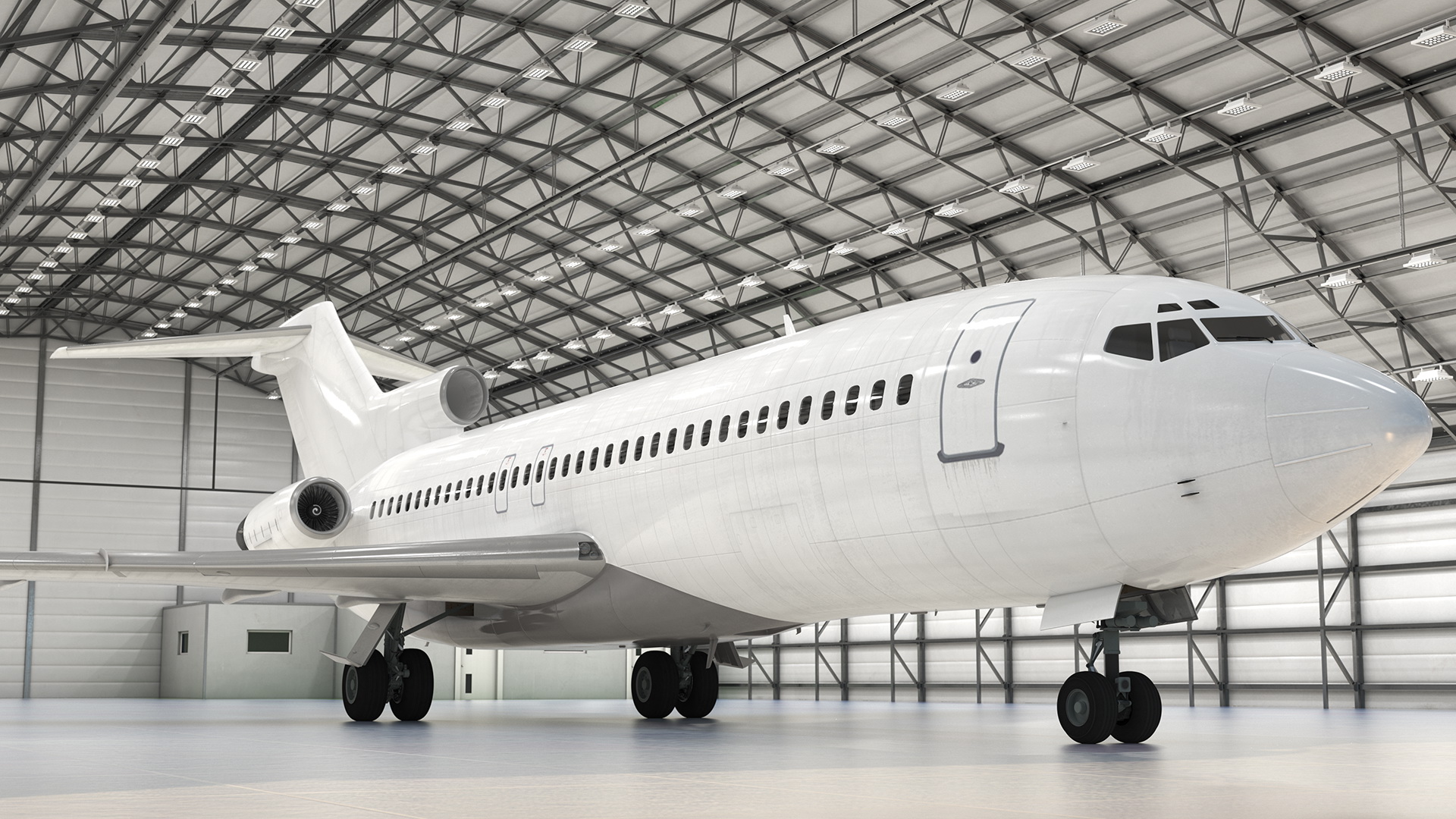 Boeing 727 100 Private Generic Maintained In Aircraft Hangar Rigged 3D