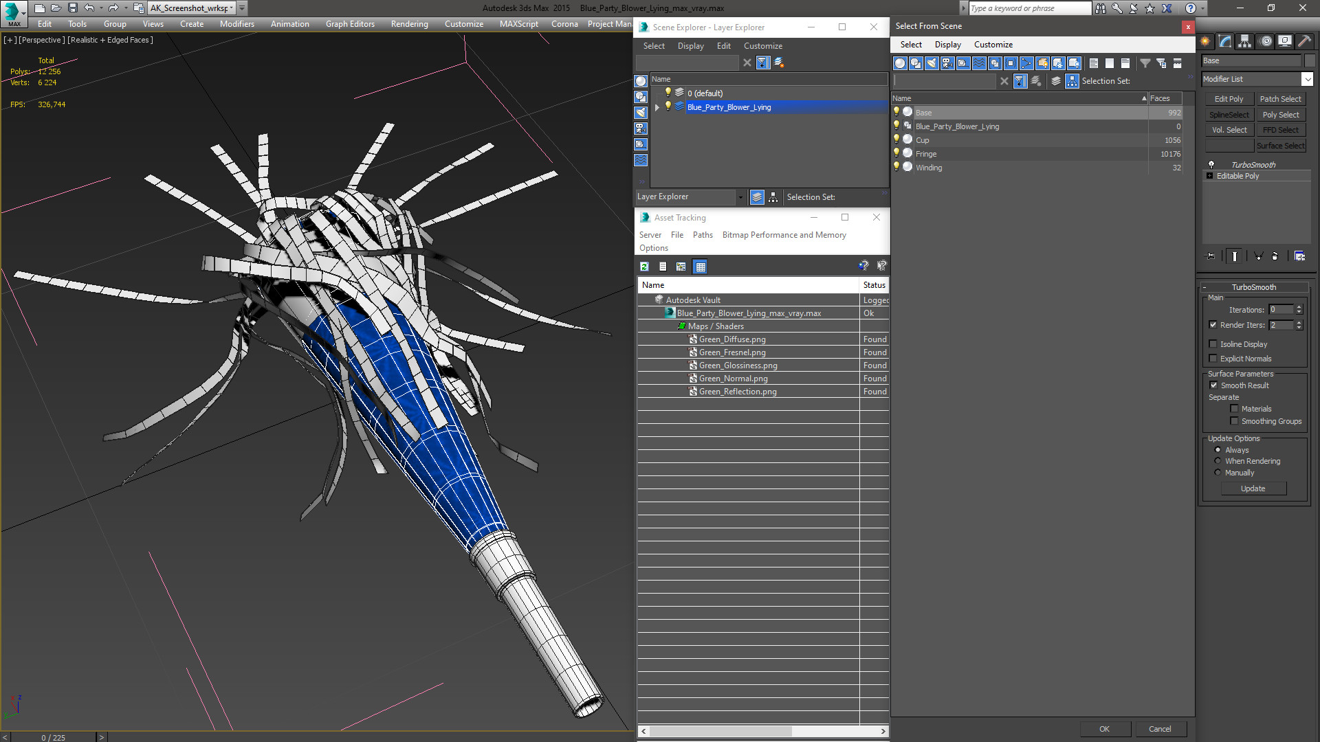 3D Blue Party Blower Lying model